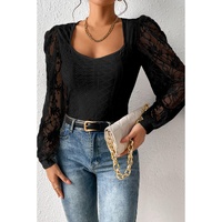 Black Frenchy Contrast Lace Bishop Sleeve Bodysuit - L thumbnail