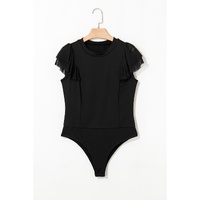 Black Solid Ruffled Mesh Patchwork Sleeve Bodysuit - S thumbnail
