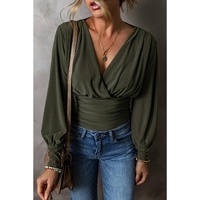 Moss Green Ruched Wrap V Neck Long Sleeve Bodysuit - L thumbnail