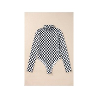 Black Checkered Printed Long Sleeve High Neck Bodysuit - S thumbnail