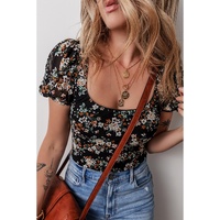 Black Floral Print U Neck Short Puff Sleeve Bodysuit - XL thumbnail