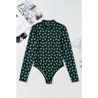Green St Patrick Shamrock Printed Long Sleeve Mesh Bodysuit - L thumbnail