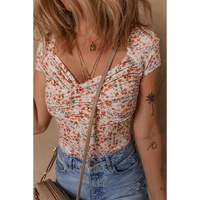 Orange Short Sleeve Floral Ruched Sweetheart Bodysuit - L thumbnail