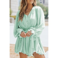 Green Pleated Ruffled Tie Waist Buttons V Neck Romper - M thumbnail