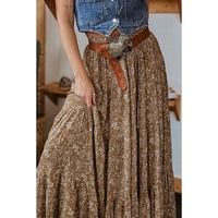 Brown Western Floral Print Ruffled Hem High Waist Loose Maxi Skirt - L thumbnail