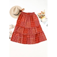 Red Bohemian Mix Print Long Flared Skirt - M thumbnail