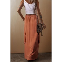 Chestnut Mineral Wash Cargo Pocket Drawstring Waist Maxi Skirt - L thumbnail