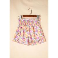 Pink Boho Floral Shirred High Waist Casual Shorts - L thumbnail