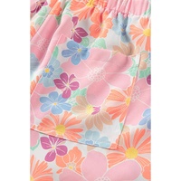 Pink Floral Print Side Pockets Drawstring Casual Shorts - L thumbnail