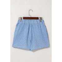 blue Red Plaid Gingham Printed High Waist Shorts - L thumbnail
