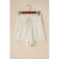 Apricot Textured Frilled Knotted High Waist Lace Hem Shorts - M thumbnail