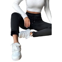 Black Solid Drawstring Waist Thermal Lined Leggings - L thumbnail