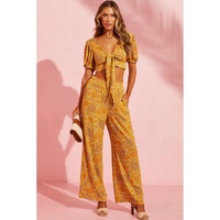 Yellow Bohemian Floral Print Pocketed Wide Leg Pants - S thumbnail