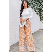Grapefruit Orange Tie Waist Boho Floral Wide Leg Pants - L thumbnail