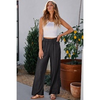 Black Side Pockets Frilled Smocked High Waist Wide Leg Jeans - L thumbnail