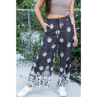 Black Bohemian Printed Drawstring Waist Wide Leg Pants - M thumbnail