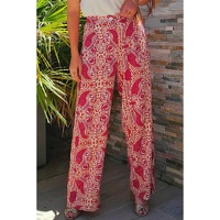 Red Paisley Printed Buttoned High Waist Straight Leg Pants - L thumbnail
