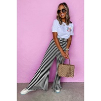 Black Stripe Lace-up Waist Casual Flared Pants - L thumbnail