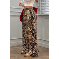 Brown Leopard Print Bow Tie Drawstring Elastic Waist Loose High Waist Pants - L thumbnail