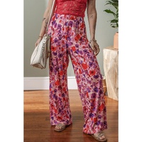 Purple Floral Wide Leg Elastic High Waist Pants - L thumbnail