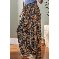 Multicolour Floral Shirred High Waist Wide Leg Pants with Tie - L thumbnail