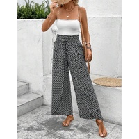Black Bohemian Print Slit Wide Leg Smocked High Waist Pants - L thumbnail
