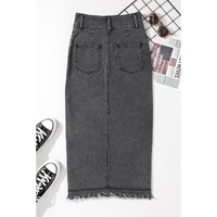 Black Raw Edge Side Slits Buttoned Midi Denim Skirt - XL thumbnail