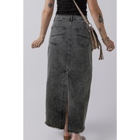 Dark Grey Denim Raw Hem Back Split High Waist Long Skirt - L thumbnail
