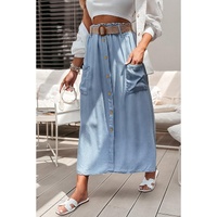 Beau Blue Buttoned Front High Waist Side Pockets Denim Maxi Skirt - L thumbnail