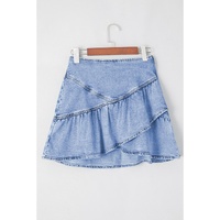 Beau Blue Asymmetric Ruffle Overlay Denim Mini Skirt - L thumbnail