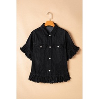 Black Raw Edge Ruffled Short Sleeve Denim Jacket - L thumbnail
