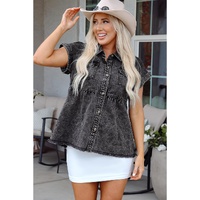 Black Short Sleeve Flap Pocket Button Up Raw Hem Denim Shirt - XL thumbnail