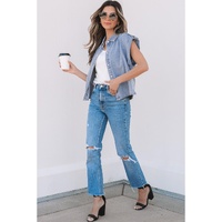 Dusk Blue Denim Pinup Folded Cap Sleeve Shirt - L thumbnail