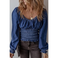 Dark Blue Smocked Ruffled Puff Sleeve V Neck Denim Blouse - XL thumbnail