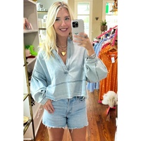 Beau Blue Light Wash Exposed Stitching Raw Hem V Neck Denim Top - L thumbnail