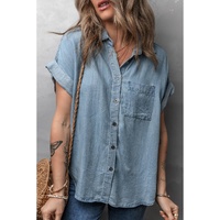 Dusk Blue Folded Short Sleeve Patched Pocket Denim Shirt - L thumbnail