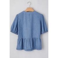 Dusk Blue Tied Front Bubble Sleeve Peplum Denim Shirt - L thumbnail