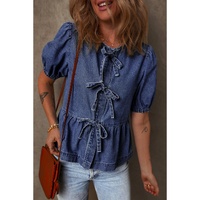 Sail Blue Tied Front Bubble Sleeve Peplum Denim Shirt - S thumbnail