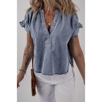 Dusk Blue V Neck Ruffled Short Puff Sleeve Denim Top - XL thumbnail