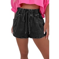 Black Drawstring High Waist Casual Denim Shorts with Pockets - 12 US thumbnail
