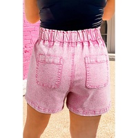 Strawberry Pink Elastic High Waisted Denim Shorts - 12 US thumbnail