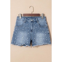 Dusk Blue Pearl Beaded Raw Hem Medium Wash Denim Shorts - 6 US thumbnail