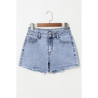 Beau Blue Rhinestone Light Wash Raw Hem High Waist Denim Shorts - 8 US thumbnail