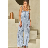 Beau Blue Light Wash Frayed Exposed Seam Wide Leg Denim Overall - L thumbnail