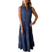 Real Teal Sleeveless Tiered Chambray Maxi Dress - S thumbnail