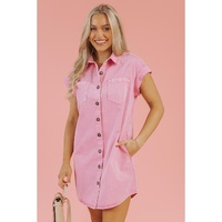 Pink Short Sleeve Double Chest Pocket Denim Shirt Dress - M thumbnail
