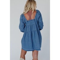 Dusk Blue Square Neck Side Pockets Loose Fit Denim Mini Dress - M thumbnail