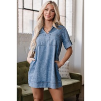 Beau Blue Short Sleeve Collared Patched Pocket Denim Mini Dress - L thumbnail