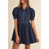 Dirty blue Zipped up Bodice Collared Short Puff Sleeve Denim Dress - S thumbnail