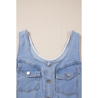 Beau Blue Light Wash Denim Buttoned Front Chest Pockets Sleeveless Slim Mini Dress - XL thumbnail
